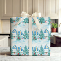Watercolor Winter Gift Wrap, Snowy Village Wrapping Paper, Christmas Village Wrapping Paper Roll, Holiday Landscape Festive Present Paper