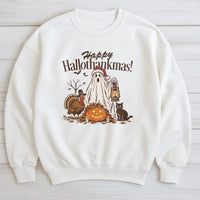 Humorous Ghost Santa Hat Crewneck, Happy Hallothankmas Sweatshirt, Halloween Thanksgiving Sweater, Spooky Christmas Pullover, Fall Winter Present