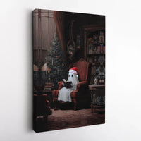 Adorable Santa Hat Ghost Wall Art, Christmas Ghost Reading Book Canvas, Comfy Holiday Canvas Print, Spooky Xmas Wall Art, Book Lover Present