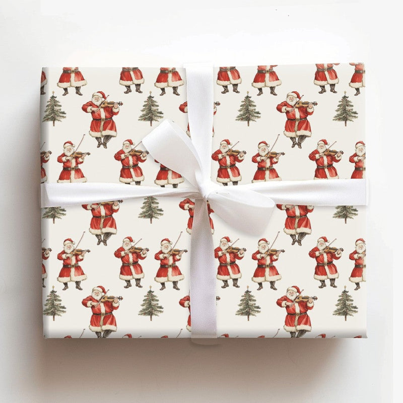Musical Christmas Gift Wrap, Vintage Santa Violin Wrapping Paper, Cream Holiday Present Paper, Retro Musician Xmas Gift Wrap, Tree Wrap Roll