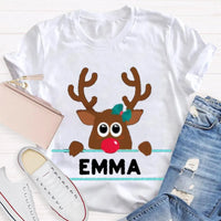 Custom Name Reindeer Holiday Graphic Tee, Personalized Christmas Elk Bow Shirt, Adorable Christmas Elk T-Shirt, Festive Winter Holiday Present