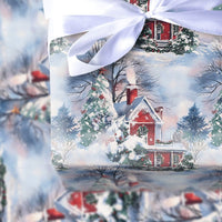 Winter Wonderland Gift Wrap, Snowy Red House Christmas Wrapping Paper, Comfy Cabin Holiday Wrapping Paper, Festive Scenic Gift Wrap Roll