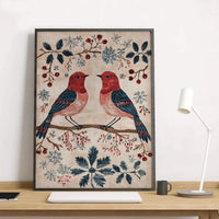 Folk Art Tapestry Print, Vintage Winter Birds Poster, Rustic Snowflakes Bird Wall Art, Scandinavian Christmas Decor