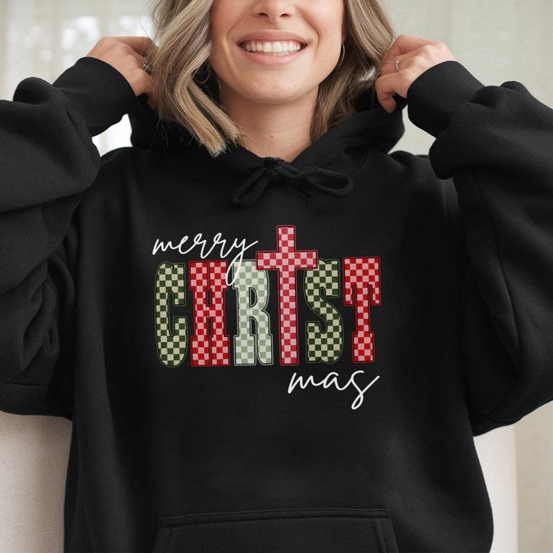 Checkered Holiday Christian Graphic Sweatshirt, Merry Christmas Cross Hoodie, Faith Nativity Pullover, Religious Xmas Present for Men Women