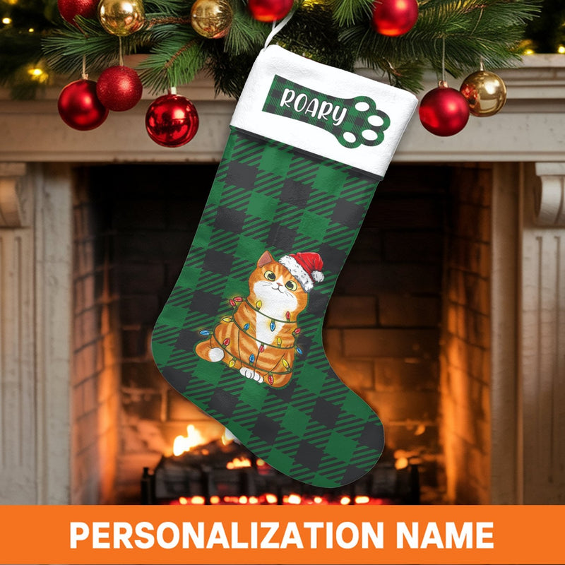 Kitten Tangled in Lights Stocking, Personalized Orange Cat Christmas Stocking, Humorous Pet Lover Holiday Stocking, Fireplace Mantle Decor Present