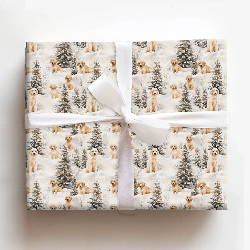 Snowy Puppy Holiday Gift Wrap, Golden Retriever Christmas Wrapping Paper, Winter Dog Xmas Wrapping Paper, Animal Lover Gift Wrap Roll