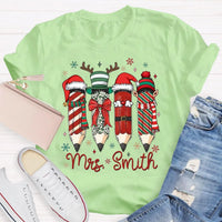 Adorable Pencil Holiday T-Shirt, Personalized Teacher Christmas Shirt, Custom Teacher Tee, Festive School Graphic Shirt, Holiday Teacher Present