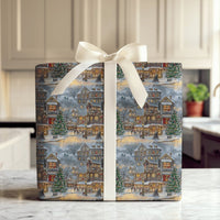 Festive Town Square Gift Wrap, Snowy Night Christmas Village Wrapping Paper, Winter Holiday Wrapping Paper, Comfy Nighttime Gift Wrap Roll