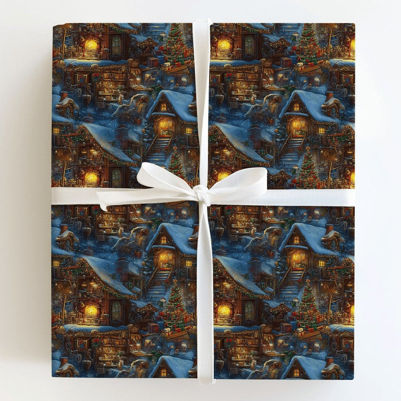Snowy Cabin Holiday Gift Wrap, Night Christmas Village Wrapping Paper, Winter Wonderland Wrapping Paper, Comfy Festive Present Gift Wrap Roll
