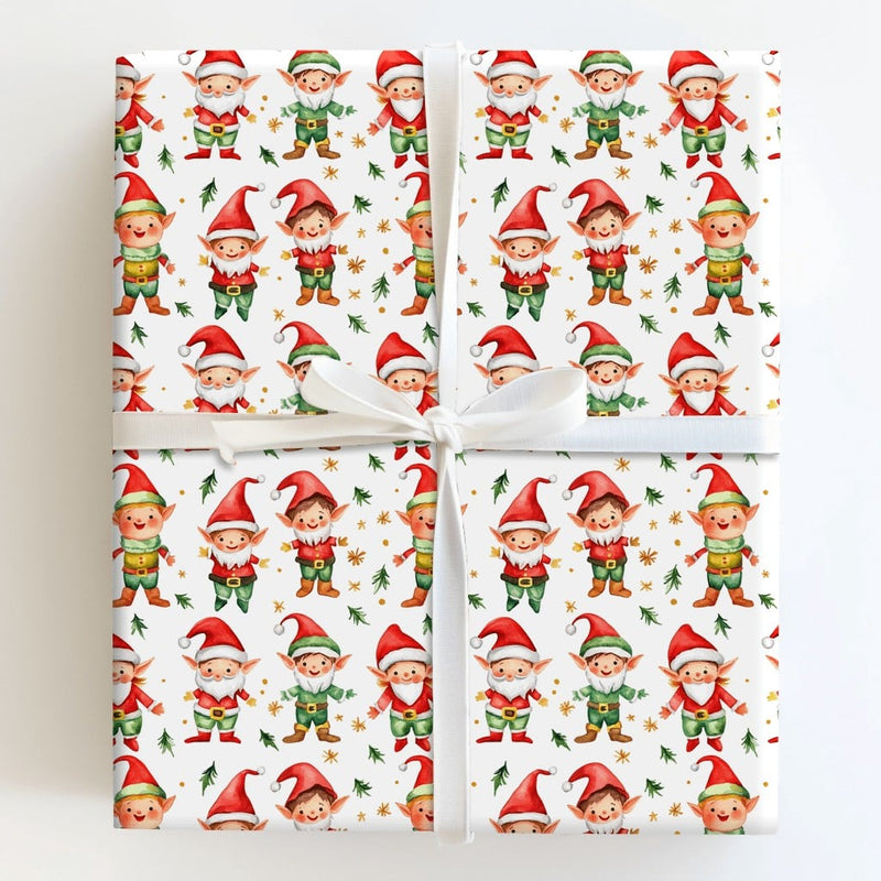 Holiday Gnome Wrapping Paper, Christmas Elf Wrapping Paper, Watercolor Pine and Snowflake Gift Wrap, Festive Xmas Present Wrapping Paper