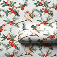 Watercolor Holly Berries Gift Wrap, Winter Birds Wrapping Paper, Christmas Wrapping Paper Roll, Nature Lover Festive Holiday Wrap Paper