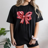 Retro Striped Ribbon T-Shirt, Christmas Bow Shirt, Adorable Holiday Bow Tee, Festive Christmas Graphic Shirt, Vintage Ribbon Xmas Shirt