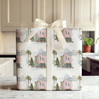 Tropical Palm Tree Gift Wrap, Coastal Christmas Wrapping Paper, Watercolor Cityscape Wrapping Paper, Warm Holiday Season Wrapping Paper