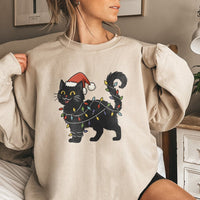 Adorable Kitten Holiday Lights Crewneck, Black Cat Christmas Sweatshirt, Humorous Cat Lover Xmas Pullover, Winter Holiday Spooky Cat Sweater