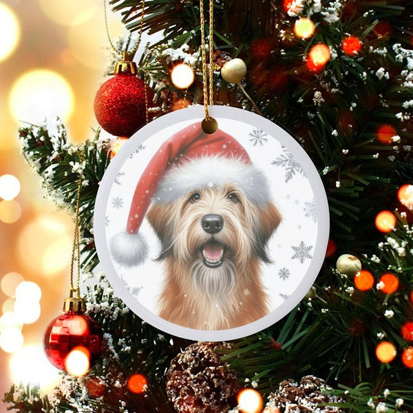 Santa Hat Puppy Ceramic Ornament, Briard Dog Christmas Ornament, Adorable Pet Holiday Tree Ornament, Keepsake Present for Dog
