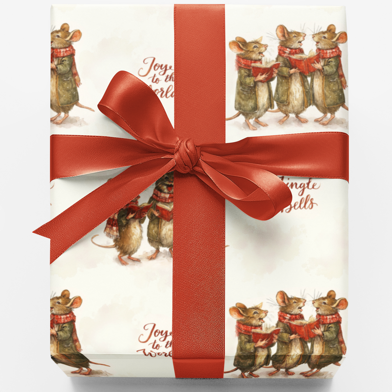 Whimsical Holiday Gift Wrap Roll, Caroling Mice Christmas Wrapping Paper, Adorable Animal Wrapping Paper, Kids Gift Wrap, Xmas Gift Wrap Roll
