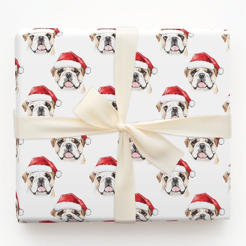 Santa Hat Dog Gift Wrap, English Bulldog Christmas Wrapping Paper, Adorable Puppy Present Wrap, Holiday Dog Lover Wrapping Paper, Xmas Gift Wrap