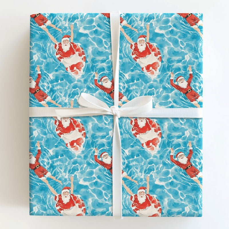 Tropical Summer Pool Gift Wrap, Swimming Santa Wrapping Paper, Humorous Christmas Vacation Wrapping Paper, Beach Holiday Gift Wrap