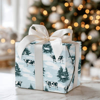 Holstein Cattle Snowy Pine Tree Gift Wrap, Winter Cow Christmas Wrapping Paper, Rustic Farmhouse Present Paper, Country Holiday Present Wrap