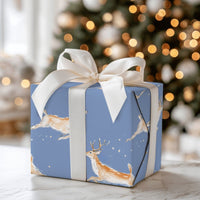 Leaping Deer Holiday Gift Wrap, Watercolor Reindeer Wrapping Paper, Starry Blue Winter Paper, Whimsical Christmas Wrapping Paper Roll