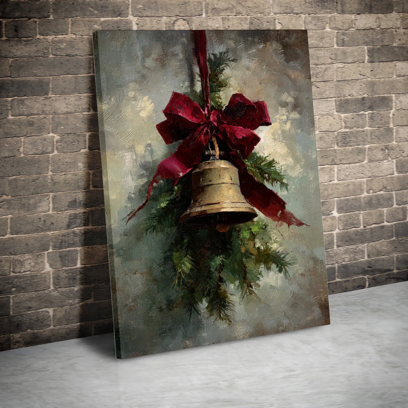 Red Bow Holiday Oil Painting Canvas Print, Vintage Christmas Bell Canvas Wall Art, Antique Festive Wall Art, Winter Seasonal Wall Decor