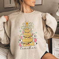 Pencil Tree Coquette Bow Sweater, Teacher Christmas Sweatshirt, Adorable School Holiday Crewneck, Retro Teacher Xmas Sweatshirt, Educator Present