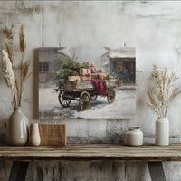Rustic Winter Wagon Holiday Wall Art, Vintage Farmhouse Christmas Snow Canvas Art, Festive Snow Scene Decor, Holiday Farmhouse Canvas Print
