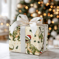 Christmas Dino Gift Wrap, Santa Hat T-Rex Dinosaur Wrapping Paper, Adorable Holiday Dinosaur Wrapping Paper, Kids Festive Gift Wrapping Paper