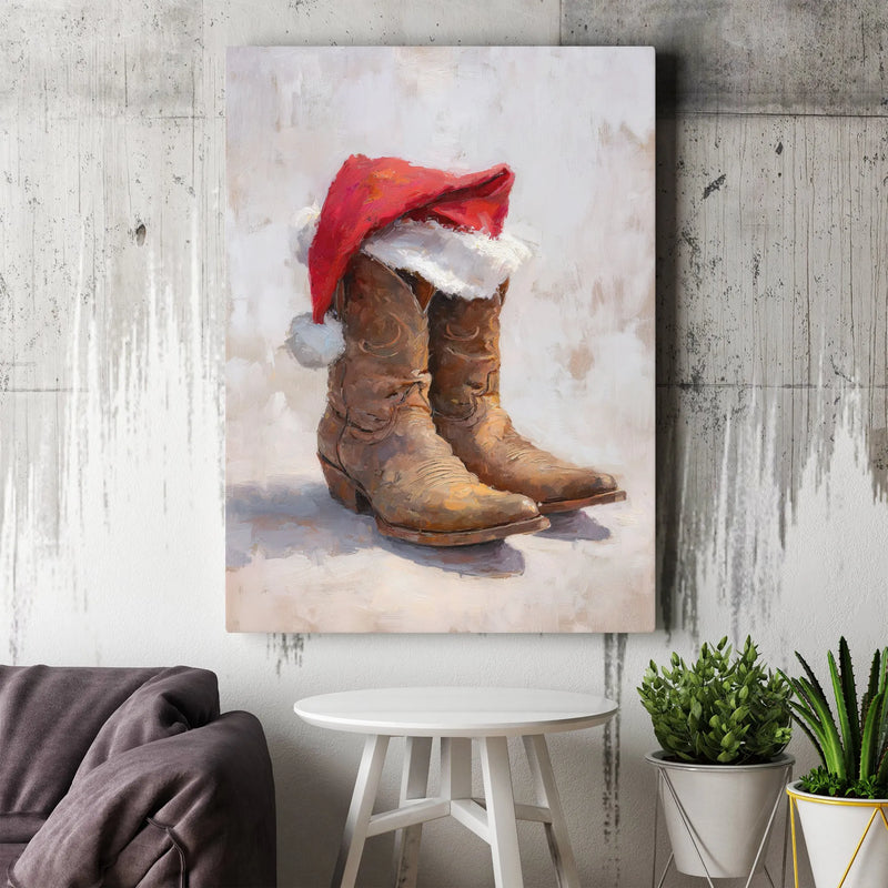 Rustic Christmas Holiday Canvas, Western Cowboy Boots with Santa Hat Canvas Art, Farmhouse Winter Wall Decor, Country Xmas Canvas Print