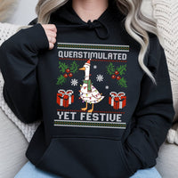 Humorous Duck Christmas Hooded Sweatshirt, Overstimulated Yet Festive Goose Hoodie, Holiday Goose Graphic Pullover, Sarcastic Xmas Hoodie