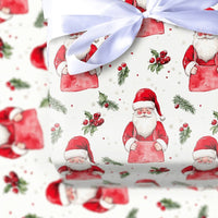 Festive Holly Pine Gift Wrap, Watercolor Santa Wrapping Paper, Christmas Santa Wrapping Paper, Holiday Workshop Apron Santa Present Paper