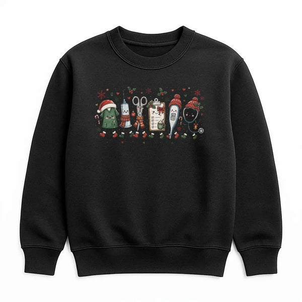 Adorable Medical Character Crewneck, Nurse Christmas Sweatshirt, Syringe Scissors Pill Bottle Pullover, Holiday Nurse Sweater