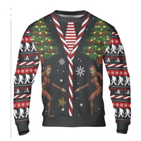 Humorous Sasquatch Santa Hat Holiday Sweatshirt, Bigfoot Christmas Ugly Sweater, Cryptid Festive Xmas Crewneck, Spooky Bigfoot Pullover