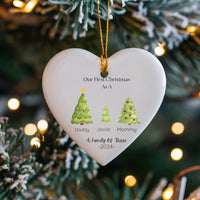 First Christmas as a Family Ceramic Ornament, Family of Three Heart Ornament, New Parents Holiday Keepsake Ornament, Custom 2024 Present