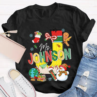 Custom Name Snowman Shirt, Personalized Christmas T-Shirt, Colorful Font Holiday Graphic Tee, Personalized Family Christmas T-Shirt Present