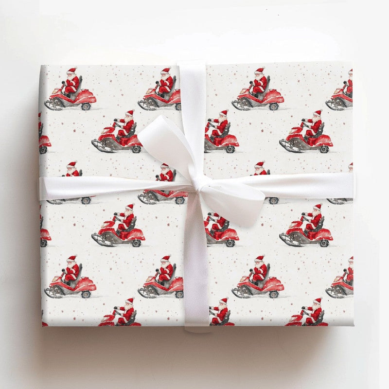 Watercolor Santa Gift Wrap, Santa Claus Snowmobile Wrapping Paper, Red Snowmobile Christmas Wrapping Paper, Whimsical Holiday Wrapping Paper