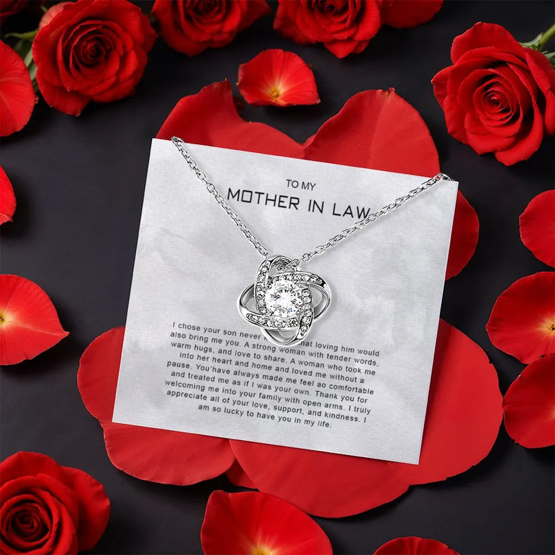CZ Crystal Love Knot Necklace, Mother in Law Love Knot Necklace, White Gold Finish Knot Necklace, Birthday Christmas Present for Her