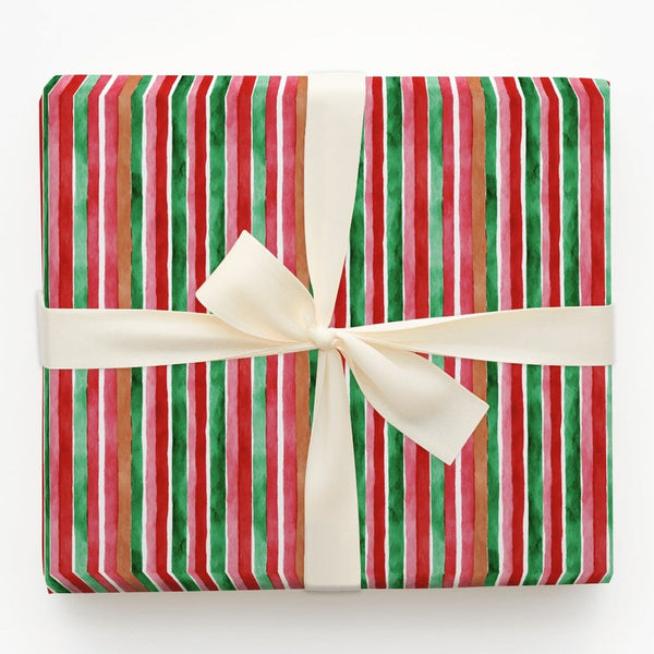Red and Green Stripe Gift Wrap, Watercolor Striped Christmas Wrapping Paper, Holiday Wrapping Paper Roll, Festive Xmas Gift W
