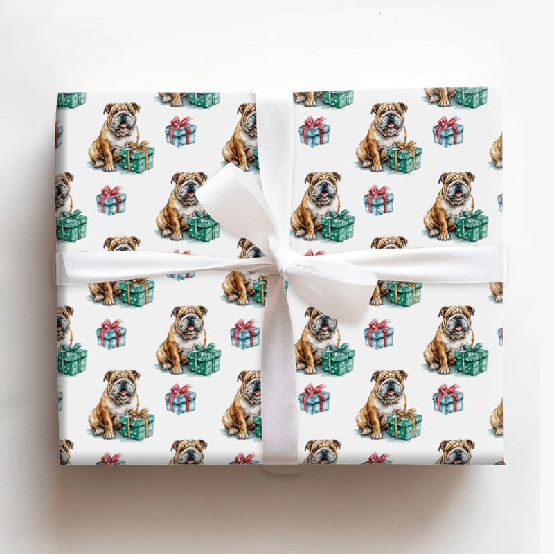 Watercolor Dog Holiday Gift Wrap, English Bulldog Christmas Wrapping Paper, Festive Puppy Wrapping Paper Roll, Dog Lover Xmas Present Wrap