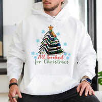 Book Lover Christmas Tree Hoodie, All Booked for Christmas Hoodie, Bookish Holiday Hooded Sweatshirt, Reader Christmas Tree Pullover Hoodie
