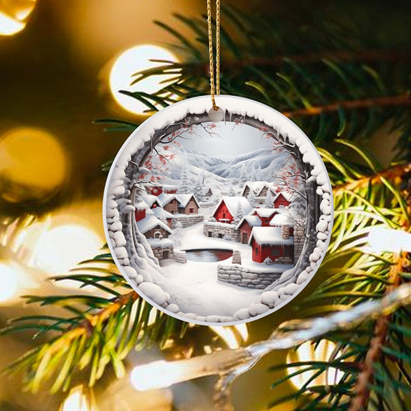 Red House Mountain Landscape Ceramic Ornament, Snowy Winter Village Ornament, Comfy Christmas Tree Scene Ornament, Rustic Hol