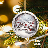 Red House Mountain Landscape Ceramic Ornament, Snowy Winter Village Ornament, Comfy Christmas Tree Scene Ornament, Rustic Holiday Decor