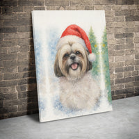 Watercolor Dog in Santa Hat Canvas Print, Shih Tzu Christmas Canvas Wall Art, Holiday Puppy Canvas, Festive Dog Lover Present Wall Decor