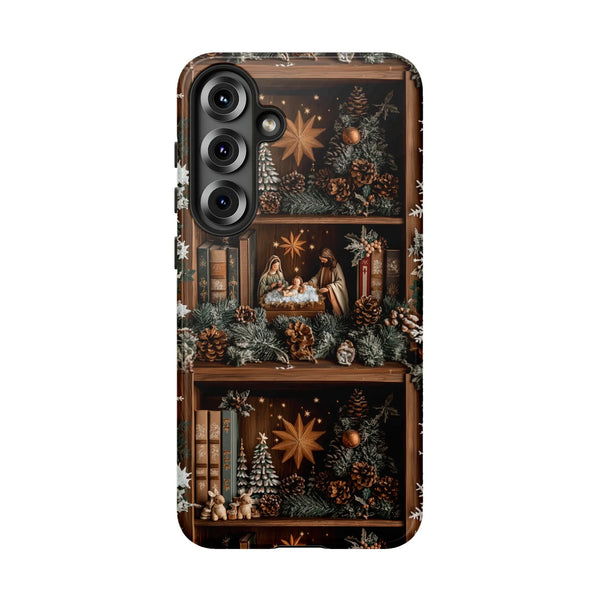 Vintage Book Shelf Holiday Case, Christmas Nativity Phone Case Samsung Galaxy, Pine Cone Star Tough Phone Cover, Christian Xm