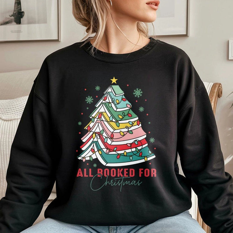 Book Tree Holiday Sweater, All Booked for Christmas Sweatshirt, Adorable Bookish Xmas Crewneck, Librarian Reader Sweatshirt