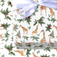 Watercolor Safari Gift Wrap, Christmas Giraffe Wrapping Paper, Holly Berries Wrapping Paper Roll, Holiday Animal Gift Wrap