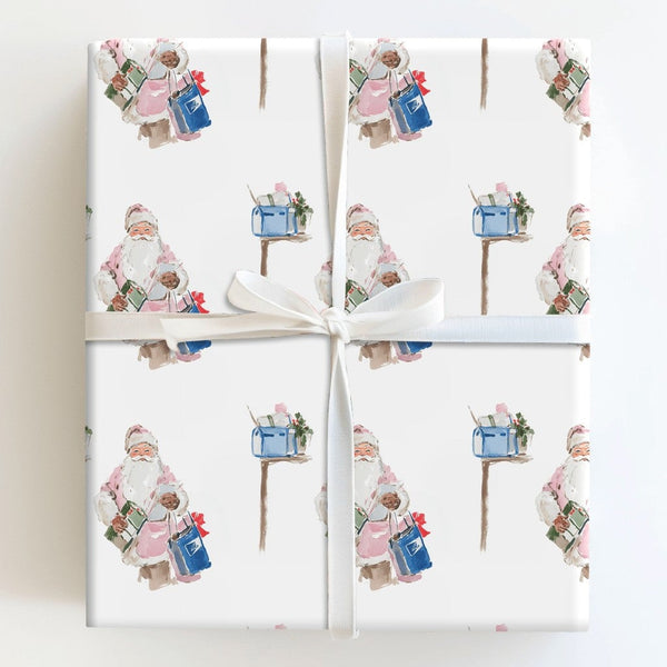 Watercolor Helper Gift Wrap, Pink Santa Wrapping Paper, Inclusive Christmas Paper, Mailbox Holiday Present Wrap, Adorable Xma
