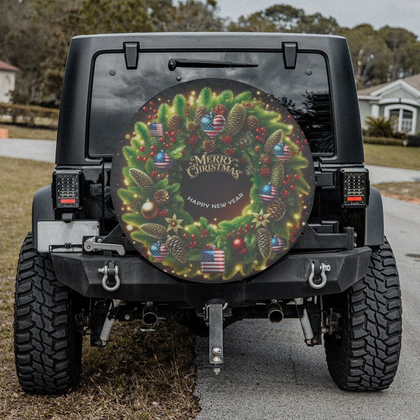 Patriotic Holiday Wheel Cover, American Flag Christmas Wreath Spare Tire Cover, Festive Xmas Tire Protector, Waterproof SUV C