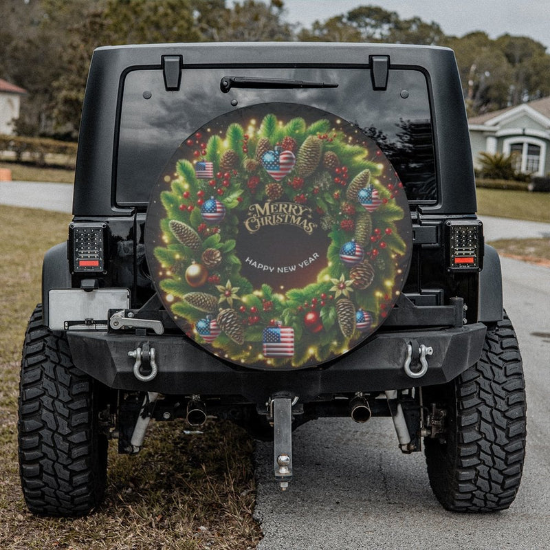 Patriotic Holiday Wheel Cover, American Flag Christmas Wreath Spare Tire Cover, Festive Xmas Tire Protector, Waterproof SUV Car Decor