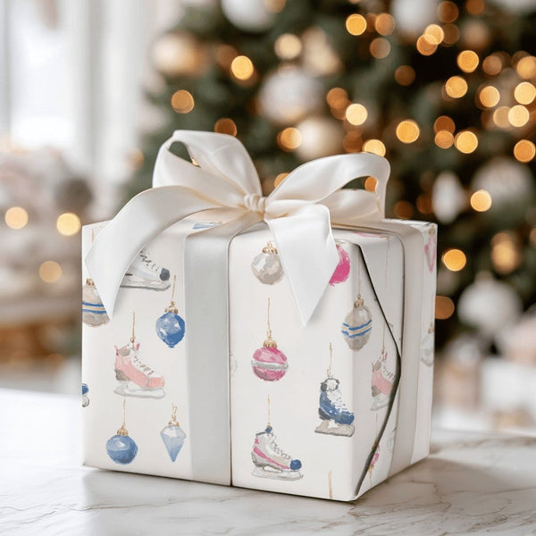 Christmas Ornaments Gift Wrap, Watercolor Ice Skates Wrapping Paper, Pastel Winter Holiday Wrapping Paper, Festive Seasonal G